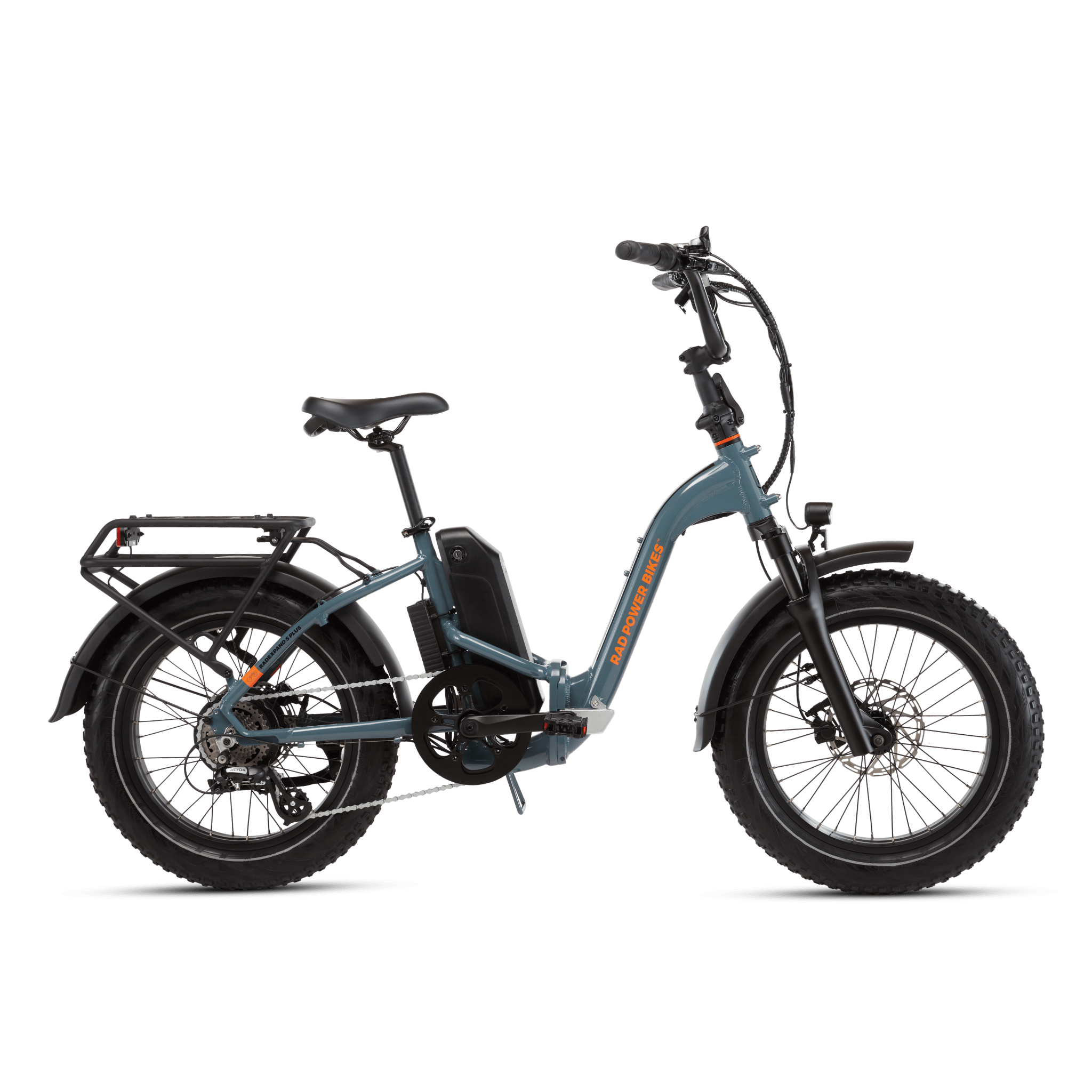 Right side view of a RadExpand 5 Plus electric folding bike in slate blue