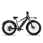 Side view of charcoal high-step ebike with black Front Rack attached.