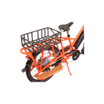 Top and side section view of Large Basket attached to the rear rack of an orange long-tail ecargo bike. The basket is attached lengthwise on the rear rack which is only allowed on long-tail ecargo bikes.