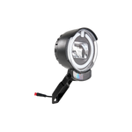 A black framed bike light with a reflector and power cable attached