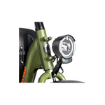 A head light mounted to a green Ebike