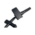 Close up picture of gub pro cell phone mount on bicycle handlebars next to ebike throttle with phone in mount