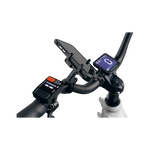 Close up picture of gub pro cell phone mount on bicycle handlebars next to ebike display