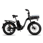 A side view of an ebike with a front basket that contains a pet liner. 