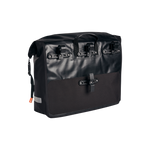 Close up view of the black Ballard Cargo Bag's back and side. The back features the carrying handle and attachment clips for using on a RadWagon rear rack.