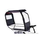 Front right detail view of the Conestoga with the sides rolled up installed on a white RadWagon