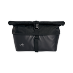 Forward-facing close-up of the Small Basket Roll Top Liner. The bag is rolled up and fastened with its buckle.