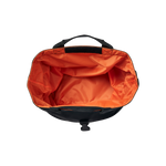 Image of the Small Basket Roll Top Liner with its top unrolled and opened, showing its Velcro on the top for securing and the orange fabric interior.