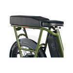 Close up side section of green RadRunner ebike with black passenger seat on rear rack with clear plastic skirt cover and retractable foot pegs.
