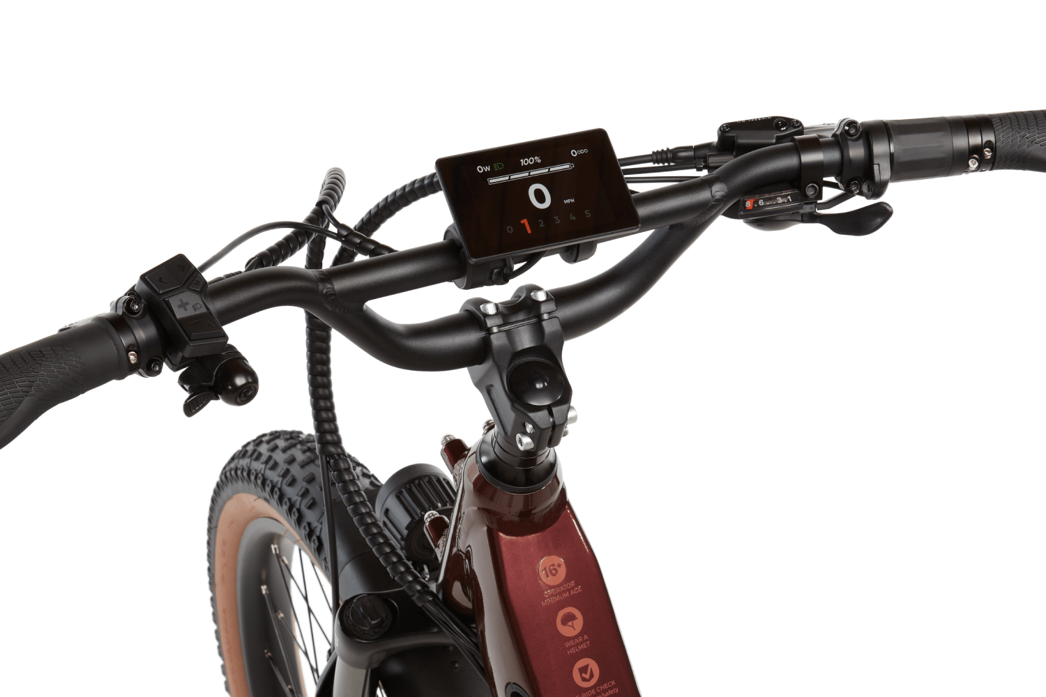 Right side view of the Copper Red Radster Trail electric off-road bike in size large