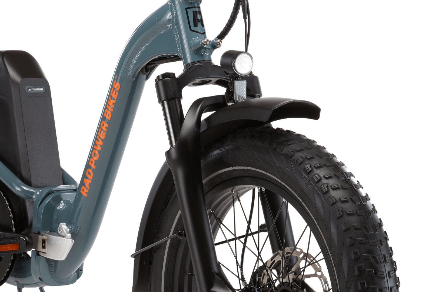 Right side view of a RadExpand 5 Plus electric folding bike in slate blue
