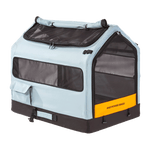 Side view of the Rad Trailer Pet Insert, showing how the top window unzips and the side pocket for extra storage. Also shows reflector on the rear door.