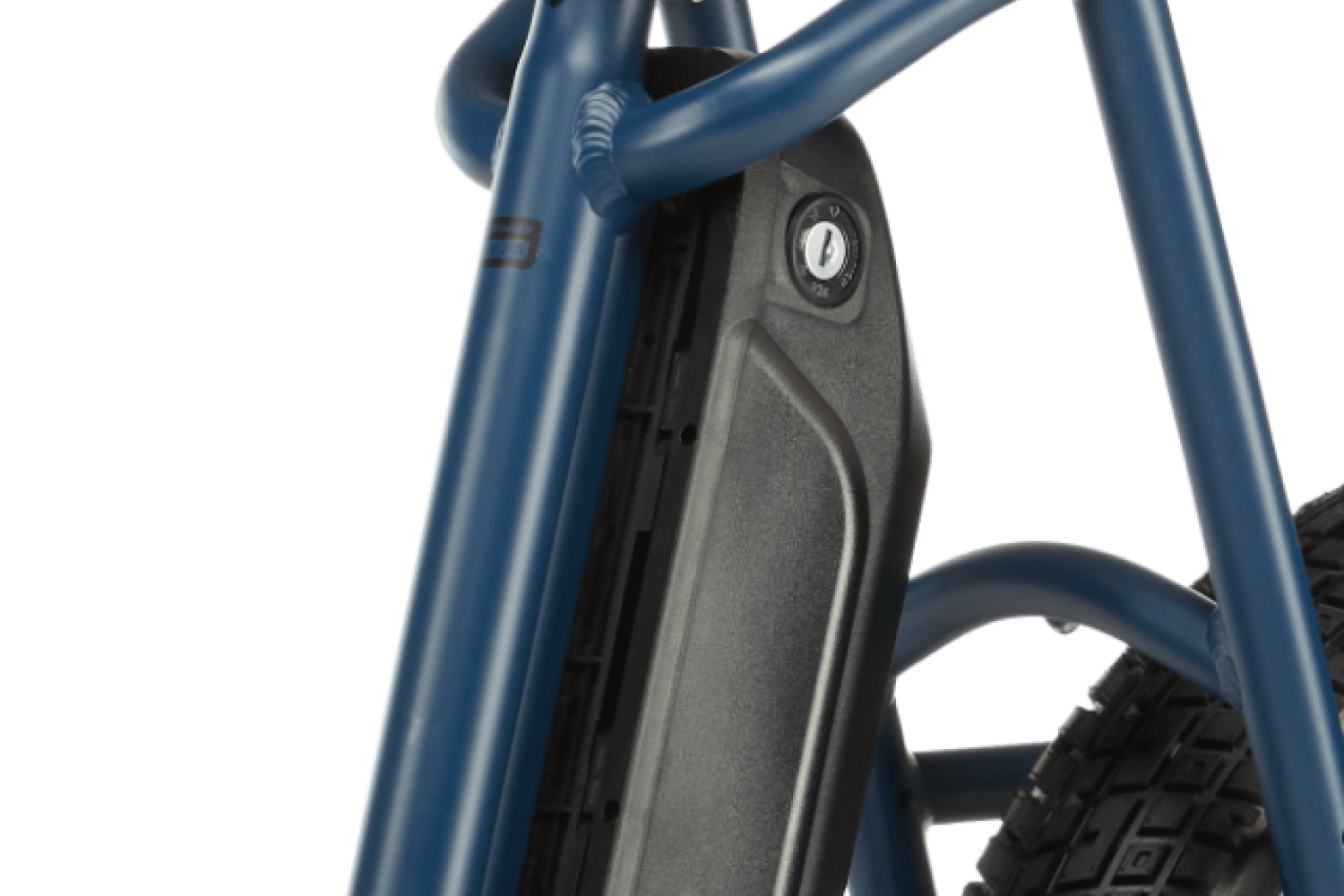 Right side of a blue RadRunner cargo utility ebike on a white background.
