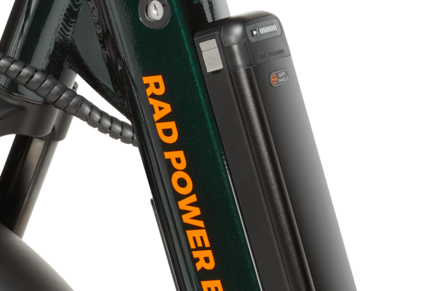 Right side of a deep emerald green RadRunner cargo utility ebike on a white background.