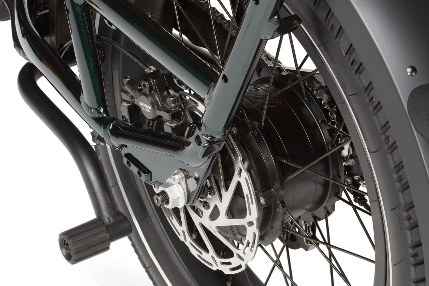 Right side of a deep emerald green RadRunner cargo utility ebike on a white background.