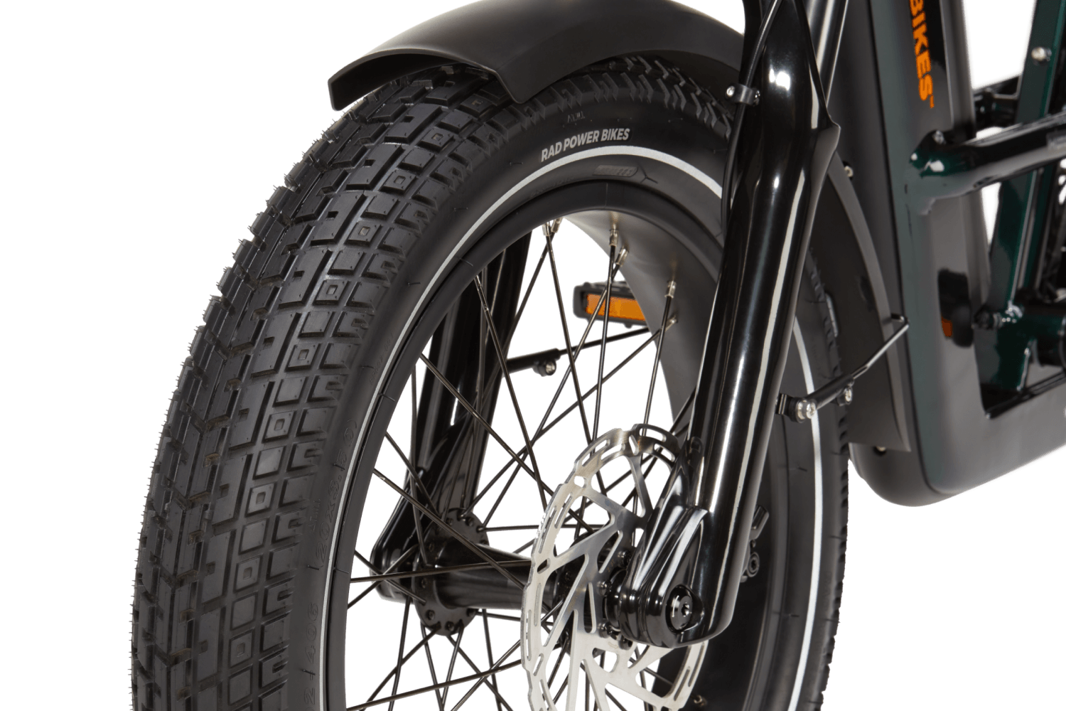 Right side of a deep emerald green RadRunner cargo utility ebike on a white background.