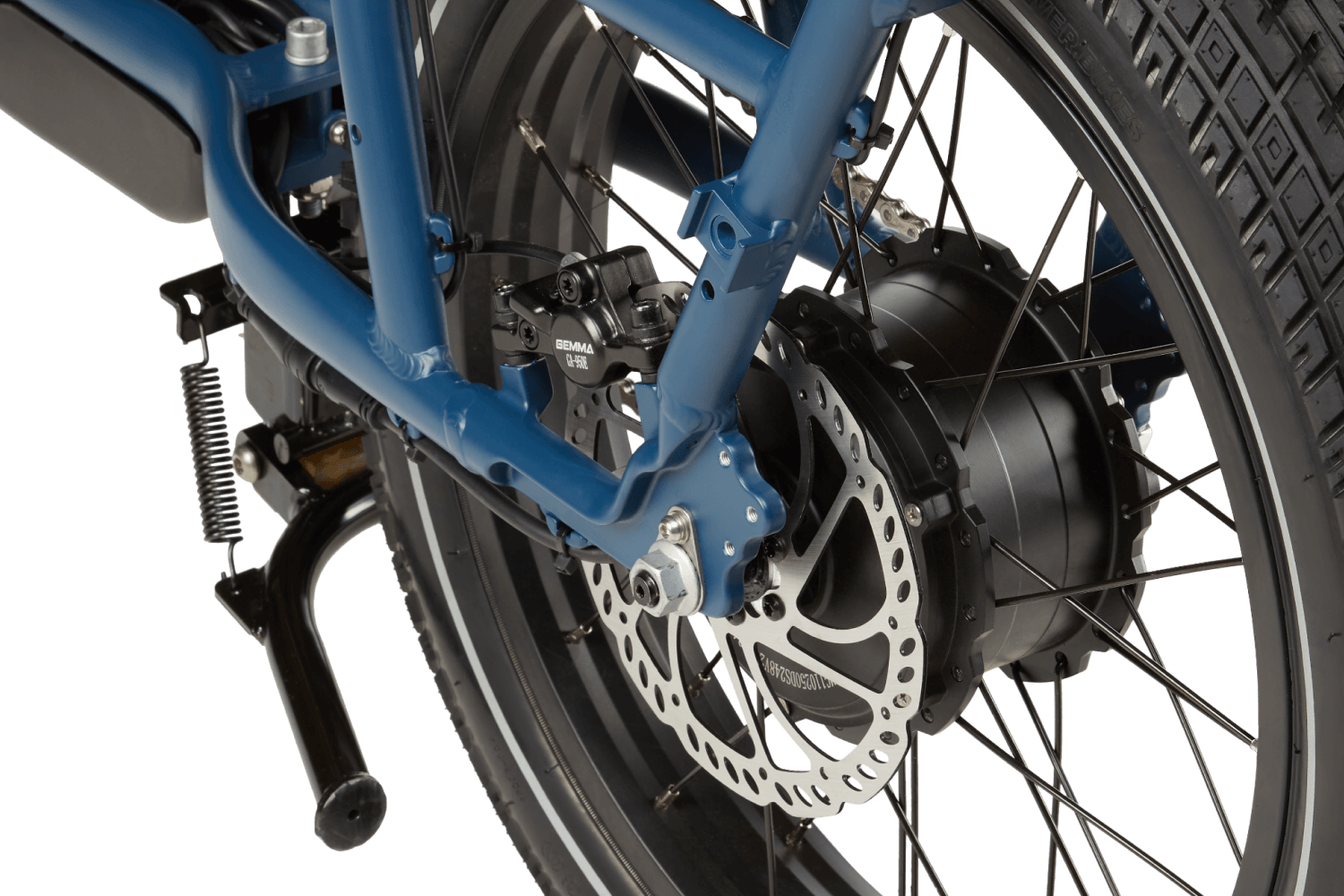 Right side of a blue RadRunner cargo utility ebike on a white background.