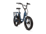 Right angle of a blue RadRunner electric cargo utility bike on a white background.