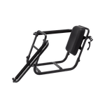 Metal frame with a padded backrest that allows smaller passengers to ride securely on the back of a RadRunner ebike. The armrest can be opened to make it easier to load and unload a passenger.