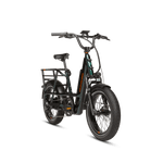 Right angle of a deep emerald green RadRunner electric cargo utility bike on a white background.