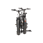 Side view of two ebikes on Hollywood Racks RV Rider Rack on plain background