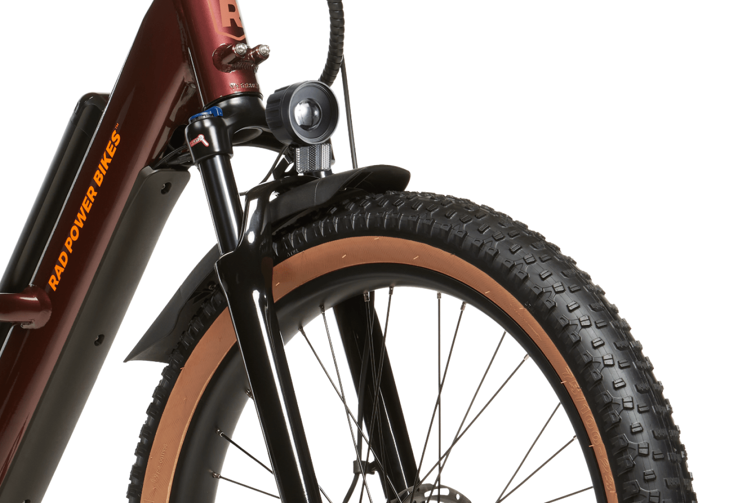 Right side view of the Copper Red Radster Trail electric off-road bike in size large