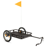 Rad Trailer with standard flatbed design, two wheels and a yellow safety flag.